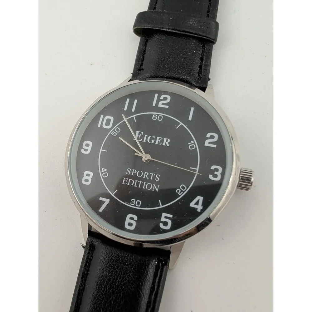 Eiger Sports Edition Men's Watch 41mm Silver Case Black Band- New Battery